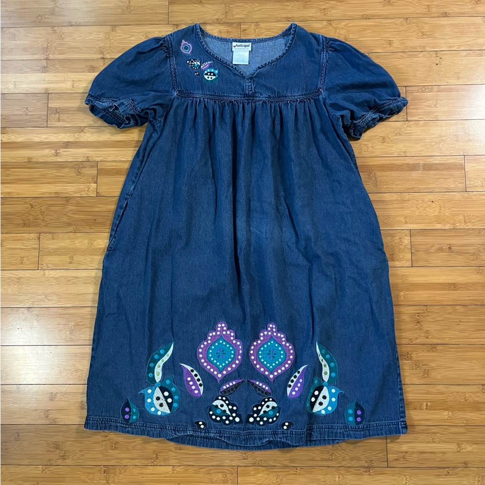 Vintage Blue Denim Midi Dress with Turquoise & Purple Embroidery